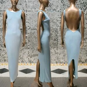 NWT Blue Backless V Back Split Back Slinky Bodycon Maxi Dress Sz M